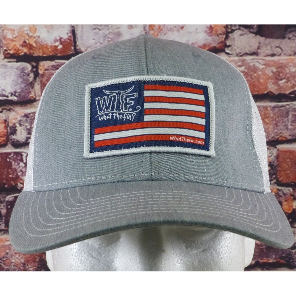 What The Fin Gray & White Mesh Trucker Hat With American Flag Patch Adjustable S